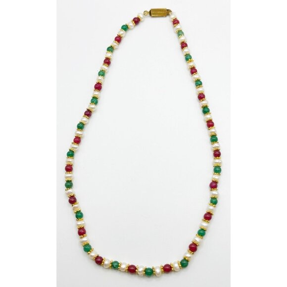 Gold Plated Pearl Red & Green Semi Precious Stone Beaded Necklace 16.5” - Picture 2 of 4